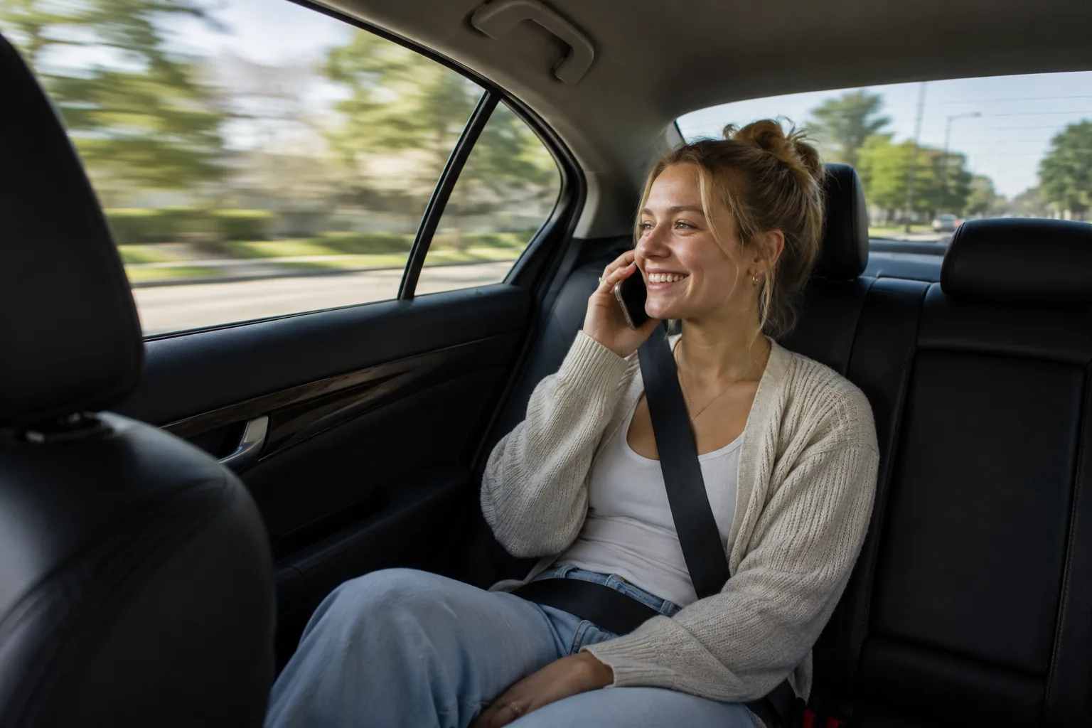 A rider on the phone in the back seat of a Bonvia vehicle, on the way to an appointment.