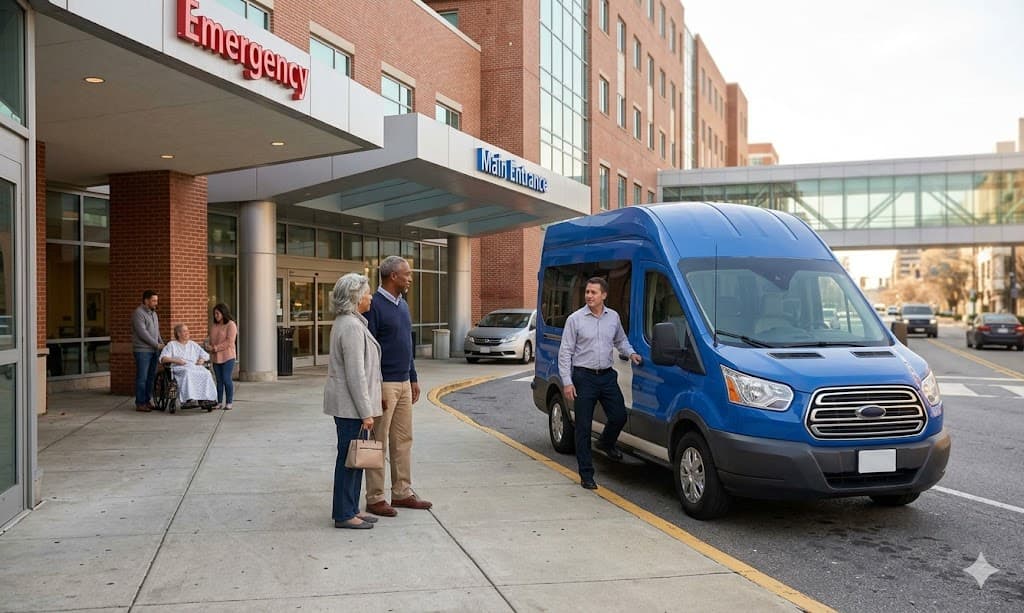 A Bonvia van waits at a hospital entrance for a scheduled pickup.