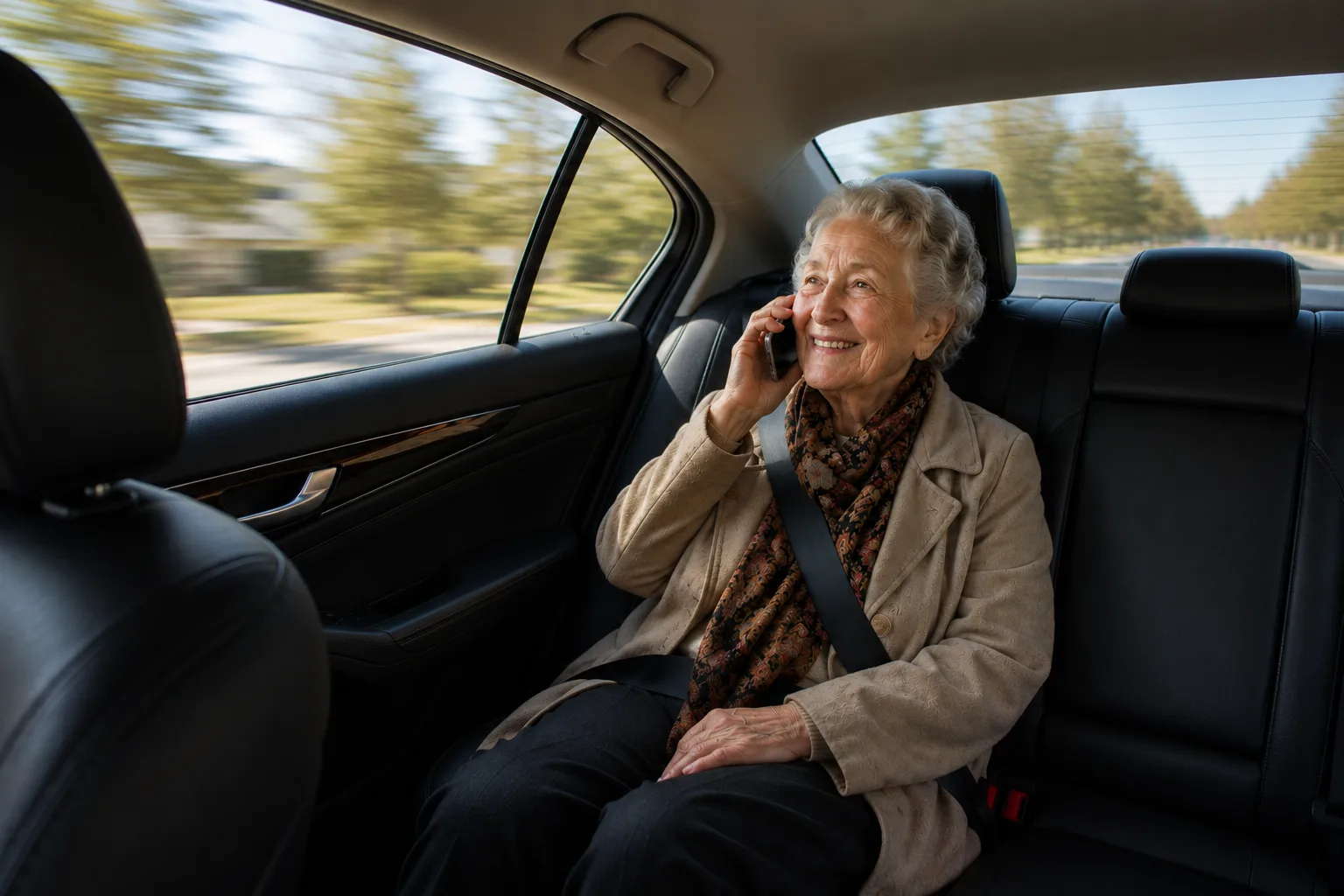 An older rider on the phone in the back seat of a Bonvia vehicle on the way to an appointment.