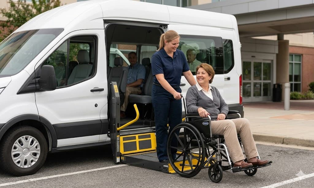 A Bonvia driver helps a rider in a wheelchair onto the lift of an accessible van.
